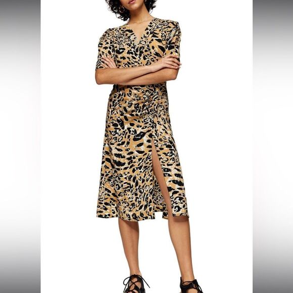 Topshop Leopard Print Mock Wrap Midi Dress - Picture 1 of 15